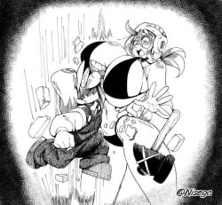 1boy 1female 1girls action_lines action_pose artist_logo artist_name big_breasts bikini bikini_bottom bikini_top black_and_white black_bikini boobs breasts eye_bulge eyes_popping_out female hammer_bros. huge_breasts human humanized jumping koopa koopa_shell koopa_tail male male_and_female mario mario_(series) massive_breasts monochrome mustache nintendo nisego nosebleed overalls rule_63 shocked shocked_expression shorter_male super_mario_bros. tail taller_female thick_legs thick_thighs turtle_shell voluptuous voluptuous_female