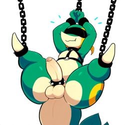 1:1 accessory ai_generated anthro ass balls blindfold blonde_hair bondage bondage bound chains clothing cock_ring cuff_(restraint) erection foreskin generation_5_pokemon genitals glans hair harness hellsonger hi_res humanoid_genitalia humanoid_penis jewelry male nintendo penis penis_accessory penis_jewelry pokemon pokemon_(species) reptile restraints scalie shackles simple_background smile snivy solo spread_legs spreading submissive submissive_male suspension thick_thighs white_background