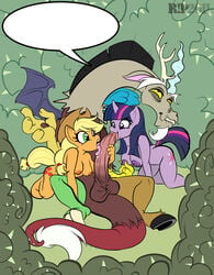 1boy 2girls anthro antler applejack_(mlp) balls beard blonde_hair breasts chimera discord_(mlp) draconequus equine erection evilkingtrefle fellatio female friendship_is_magic green_eyes hair handjob horn horse licking male my_little_pony nipple_twist nipples nude oral oral_sex penis pimp pony purple_eyes red_eyes sex smooth_skin straight teamwork tongue twilight_sparkle_(mlp) two_tone_hair unicorn wings