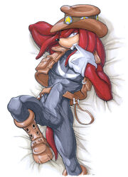 anthro balls bed big_penis clothed cowboy echidna fur huge_cock knuckles_the_echidna looking_at_viewer male male_only mammal monotreme muscle muscles penis ratcandy sega solo sonic_(series)