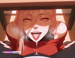 ai_generated chainsaw_man cum cum_in_mouth cum_on_tongue cum_out_nose female female_focus hotload-8 patreon power_(chainsaw_man) waifu_diffusion