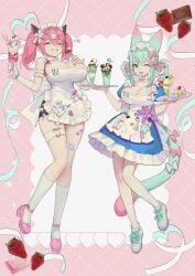 2girls animal_ears animal_genitalia apron belt blue_hair green_hair heart huge_thighs jewelry maid oc original_character pink_eyes red_eyes ribbon smile star sweets thighs twintails wink