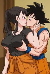 1boy 1boy1girl ai_generated black_top breast cheating_husband couple crossover dragon_ball dragon_ball_super dragon_ball_z enen_no_shouboutai excited fire_force french_kiss goku grabbing_breasts groping_breast horny_female horny_male indoors large_breasts maki_oze muscular_female netorare ntr oze_maki son_goku tongue_kiss unfaithful upper_body