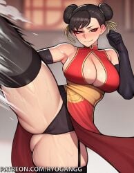 2d ai_generated ass ass_grab big_ass big_breasts big_butt black_hair breasts brown_eyes china_dress chinese_clothes chun-li cleavage cleavage_cutout exposed_panties kick kicking lingerie makeup ratatatat74_(ai_style) ryogangg street_fighter suggestive suggestive_look wide_hips