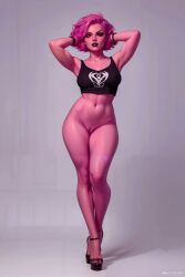 ai_generated black_top black_topwear bottomless exposed_pussy full_body high_heels jeejsaas oc original_character pink_body pink_hair pink_skin red_eyes semi_nude