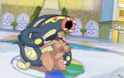 1girls ameizing_lewds artist_signature black_hair brown_eyes city city_background dark_areola detailed_background eelektross generation_5_pokemon grabbing_thighs green_hair green_hair_streak hair_pull hair_pulling implied_sex nemona_(pokemon) nude nude_female open_mouth penetration pokemon pokemon_(species) pokemon_sv pokephilia ponytail red_eyes sex squeezing_chest stomach_bulge sweat tail tan_body tan_skin teeth thick_thighs thighs