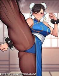 1girls 2d ai_generated ass black_hair breasts brown_eyes chun-li clothed_female flexible kick kicking leg_lift looking_at_viewer makeup one_leg_up ryogangg street_fighter suggestive suggestive_look thick_thighs wide_hips