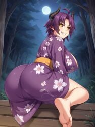 ahoge ai_generated ass azuma_marina bare_shoulders big_ass big_breasts black_sclera breasts cleavage demon demon_girl female forest glowing_eyes grin huge_ass huge_breasts isogil kashidashi_tsuma_marina_no_"netorase"_houkoku_binkan_tsuma_to_zetsurin_daigakusei kimono night night_sky partially_clothed partially_undressed purple_hair seductive sexy_pose sharp_teeth shiny_skin short_hair smile thick_thighs thighs yellow_eyes