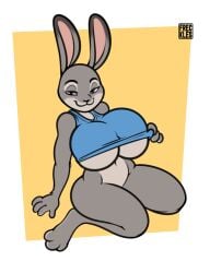 2024 3_toes 4_fingers anthro artist_name big_breasts bottomless bottomless_anthro bottomless_female breasts clothed clothing digital_media_(artwork) disney eyebrows eyelashes feet female fingers freckles_(artist) geometric_background judy_hopps lagomorph leporid looking_at_viewer mammal purple_eyes rabbit simple_background smile smiling_at_viewer solo toes under_boob zootopia