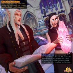 1boy 1girls 3d black_hair blizzard_entertainment blonde_hair blood_elf caelie comic female kalec_sunwhisper light-skinned_female light-skinned_male light_skin male mr_sunwhisper multicolored_hair void_elf warcraft white_hair world_of_warcraft