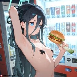 ai_generated aris_(blue_archive) armpit_fetish armpits blue_archive blue_eyes blush breasts burger disheveled halo navel pasties small_breasts spring_onion vending_machine