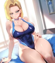 ai_generated android_18 big_breasts blonde_hair blue_eyes choker collar dragon_ball_z orionxesy swimsuit thick_thighs wide_hips