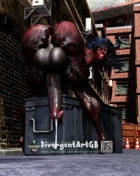 1futa 3d anus ass balls bent_over big_ass cum cum_drip demon divergentartgb futanari green_eyes horns huge_balls huge_cock penis presenting presenting_hindquarters red_skin