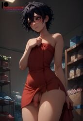 1boy 2025 2d ai_generated balls black_hair blush blush embarrassed femboy flaccid flaccid_penis flat_chest glasses hi_res highres ilfb market marketplace short_hair shy standing testicles towel towel_only trap uncensored yaoi