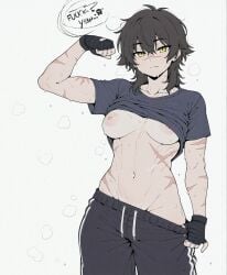 abs ai_assisted bangs black_gloves black_hair black_shirt breasts brown_hair closed_mouth clothes_lift clothes_pull collarbone cowboy_shot female fingerless_gloves gloves groin hair_between_eyes large_breasts lifted_by_self looking_at_viewer medium_breasts muscular muscular_female navel nipples no_bra pants pants_pull scar scar_on_arm scar_on_cheek scar_on_chest scar_on_face scars shirt shirt_lift short_hair short_sleeves simple_background solo sondu sweat sweatpants tomboy track_pants white_background wolf_cut yellow_eyes