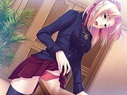 blonde_hair candysoft crotch_rub desk game_cg masturbation panties pussy_juice saliva skirt skirt_lift sumeragi_kohaku table_humping thighhighs tsuyokiss_3