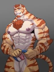 1boy abs absurdres animal_ears another_eidos-r bara chest_hair corca_(another_eidos) furry furry_male grin hashtag-only_commentary highres male_focus male_underwear male_underwear_peek muscular muscular_male navel nipples pectorals penis penis_peek smile tail testicle_peek testicles tiger_boy tiger_ears tiger_stripes tiger_tail topless_male underwear yeon_(leyonkim)