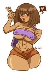 2d abs agitowolf_(artist) backpack_(dora_the_explorer) brown_body brown_eyes brown_hair brown_skin brown_skinned_female busty dora_marquez dora_the_explorer erect_nipples female female_focus female_only freckles hourglass_figure latina nickelodeon nipple_bulge nipple_piercing piercing skimpy skimpy_clothes tagme thick_thighs v v_sign wide_hips