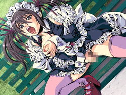 bench black_hair breast_grab breasts censored cg erect_nipples game_cg grey_eyes high_heels maid_outfit masturbation nipple_tweak open_mouth pigeon_blood public tied_hair twintails