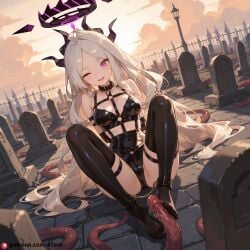 ;d ai_generated blue_archive blush bondage bondage_outfit breasts clothed collar feet female foot_fetish footjob graveyard halo harness hina_(blue_archive) large_breasts open_mouth pink_eyes tentacle thighhighs toes white_hair wink