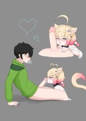 1boy 1boy1girl 1girls black_hair blue_eyes cat_ears cat_tail catgirl couple heart-shaped_ahoge heart_ahoge imminent_oral indie_virtual_youtuber minikomew straight szpecter vedal987 virtual_youtuber vtuber yellow_hair