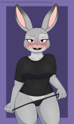 anthro clothing clothing_pull disney female grey_body hi_res jseph judy_hopps lagomorph leporid looking_at_viewer mammal panties panty_pull purple_eyes rabbit solo underwear underwear_pull zootopia