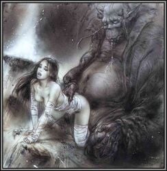 1boy 1girls 1monster bent_over black_hair breasts doggy_style drool eyes_closed eyeshadow fat_male female female_penetrated fictional_interracial fit_female from_behind human interspecies light-skinned_female long_hair looking_pleasured luis_royo male monster monster_on_female monster_penetrating ogre open_mouth pleasure_face ripped_clothes ripped_clothing secretly_loves_it sex slim_waist straight submissive submissive_female submissive_human torn_clothes torn_clothing torn_thighhighs