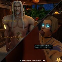 1boy 1girls 3d blizzard_entertainment blonde_hair blood_elf blowjob comic comic_page dialogue fellatio female kalec_sunwhisper light-skinned_male light_skin male mr_sunwhisper night_elf oral oral_sex original_character sionia_dustcloud warcraft world_of_warcraft