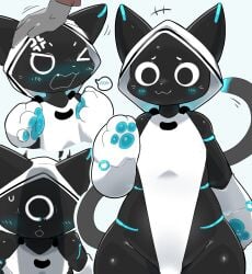 2025 3_fingers :3 absurd_res ambiguous_anthro ambiguous_gender android anthro anthro_focus anthrofied bellabot biped black_body black_ears black_eyes black_inner_ear black_skin black_tail blue_markings blue_pawpads blue_tail_tip blush blush_lines blush_symbol bust_portrait clothed clothing colored cross-popping_vein cute_fangs digital_media_(artwork) dipstick_tail disembodied_hand domestic_cat duo ear_markings fangs felid feline felis fingers flustered front_view fully_clothed glistening glistening_body glistening_skin gloves_(marking) half-length_portrait headpat hi_res hood kemono kerfuś kyameta loading_screen looking_at_viewer machine male_(lore) mammal markings multicolored_body multicolored_skin multicolored_tail multiple_images pawpads paws pear-shaped_figure penis_shadow petting pictographics portrait pudu_robotics robot safe_for_work screen screen_face shaded simple_background smile solo solo_focus speech_bubble standing tail tail_markings teeth thick_thighs two_tone_tail white_background white_body white_clothing white_hood white_nose white_skin wide_hips