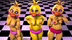 3d 4k animatronic blue_eyes checkered_floor disboi215 five_nights_at_freddy's five_nights_at_freddy's_2 fnaf hand_over_breast hands_on_hips highres holding_arm pink_nipples pink_panties pink_shorts red_nipples red_panties red_shorts robot sfm shy shy_expression source_filmmaker topless toy_chica_(fnaf) yellow_body