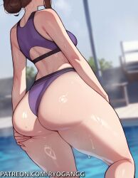 ai_generated ass_grab big_ass big_butt bikini joko44 nora original_character purple_bikini ryogangg swimming_pool swimsuit swimwear wide_hips