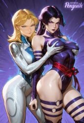 2girls ai_generated arm_strap blonde_hair bodysuit breast_grab bridal_gauntlets clothed earrings female_only from_behind front_view gloves grabbing_breasts grabbing_from_behind highleg highleg_leotard invisible_woman invisible_woman_(marvel_rivals) leotard long_hair looking_at_viewer marvel marvel_rivals medium_breasts parted_bangs patreon_username penguih psylocke psylocke_(marvel_rivals) purple_leotard sue_storm superhero_costume thigh_strap vengeance_psylocke white_bodysuit yuri