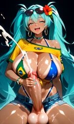 1futa ai_generated big_balls big_breasts big_penis bikini_top blue_hair brazilian_flag brazilian_futa brazilian_miku cum cumming cumshot ejaculation flower_in_hair futanari giant_futanari hatsune_miku huge_balls huge_breasts huge_cock hung_futanari jean_shorts penis shiny_skin sunglasses_on_head tan_body tan_lines tanline vocaloid yellow_shirt