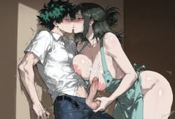 1boy 1girls against_wall age_difference ai_generated boku_no_hero_academia caressing_testicles crying cum_on_breasts dominant_female ejaculation femdom green_eyes green_hair huge_breasts huge_nipples incest inko_midoriya izuku_midoriya kissing kizirugai large_areolae looking_at_another looking_pleasured milf mother mother_and_son my_hero_academia naked_apron penis_to_breast projectile_cum school_uniform submissive_male tagme thick_thighs toned_male wide_hips