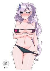 1girls black_bra black_lingerie black_panties blue_eyes blush bra breasts embarrassed female female_only grey_hair hololive hololive_indonesia hololive_indonesia_holoro huge_breasts landacdeus light-skinned_female light_skin like_and_retweet like_icon lingerie lingerie_only nose_blush panties pavolia_reine retweet_icon simple_background solo underwear undressing virtual_youtuber white_background