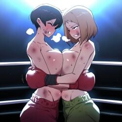 ai_generated boxers boxing_gloves boxing_ring breasts breasts_against_breasts breasts_on_breasts breasts_pressed_against_partner breasts_to_breasts bruise catfight huge_breasts large_breasts long_hair looking_at_another short_hair staredown symmetrical_docking topless topless_boxing topless_female yuri