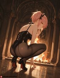 ai_generated ass fire from_behind large_breasts looking_at_viewer looking_back madoka_kaname mahou_shoujo_madoka_magica orange_eyes pink_hair puella_magi_madoka_magica sigh squatting