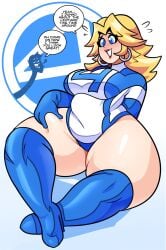 1girls big_ass blonde_female blonde_hair blue_eyes chubby chubby_female english_text fantastic_four fat_ass invisible_woman invisible_woman_(marvel_rivals) leotard light-skinned_female light_skin mature_female mom_bod plump slightly_chubby solo_focus superspoe susan_storm thick_thighs thunder_thighs