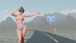 3d bikini bikini_bottom bikini_top blender blender_(software) blender_cycles casual clothing denim_shorts desert female fuckingtracer hitchhiking human jean_shorts micro_bikini mirage overwatch overwatch_2 pale_skin public road short_jeans shorts sweat sweatdrop sweaty sweaty_ass sweaty_body sweaty_breasts sweaty_butt tagme tracer union_jack union_jack_bikini