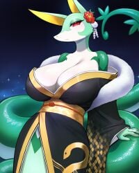 1girls 2025 4:5 anthro azuu breasts clothed clothing countershading eyelashes female female_only fingers frown generation_5_pokemon green_body green_scales hi_res looking_at_viewer lunar_new_year mouth_closed multicolored_body nintendo non-mammal_breasts pokemon pokemon_(species) pupils red_eyes reptile scales scalie serpentine serperior slit_pupils snake solo white_body white_countershading year_of_the_snake yellow_body