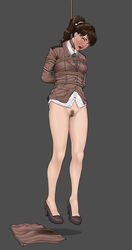 1girls asphyxiation brown_eyes brown_hair dead death execution female female_death female_only guro hairy_pussy hanged high_heels highres mei_ling_(metal_gear_solid) metal_gear metal_gear_solid mugensaku necktie noose open_mouth partially_clothed pubes pubic_hair pussy rope rope_bondage shoes simple_background solo tie uncensored uniform