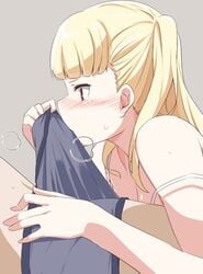 blonde_hair blue_boxers blush boxers erection erection_under_clothes female heavy_breathing kichi8 long_hair male penis red_eyes tokyo_7th_sisters uesugi_u_kyouko underwear