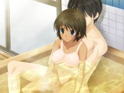 brown_hair censored female game_cg human koi_to_mizugi_to_taiyo_to male pov schoolgirl short_hair straight tan tanline