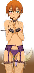 areolae blush bondage bound_wrists breasts brown_eyes collar dog_tail dripping egg_vibrator female female_only femsub garter_belt garter_straps hair_ornament hairpin handcuffs human inami_mahiru leash navel nipples open_mouth orange_eyes orange_hair panties purple_panties pussy_juice short_hair simple_background slave small_breasts solo standing stockings suzushiro_nazuna sweat tail tear thighhighs topless vibrator vibrator_in_panties vibrator_in_thighhighs wet white_background working!!