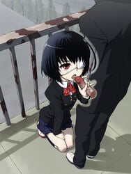 ahoge another black_hair clothed_sex clothing cum cum_in_mouth cum_on_clothes eye_patch fellatio footwear hair handjob high_resolution kneeling misaki_mei oral penis public red_eyes school_uniform schoolgirl shoes skirt socks tengudake