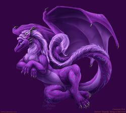 claws curiodraco dragon female feral horn looking_at_viewer nude pinup purple_fur pussy solo wings