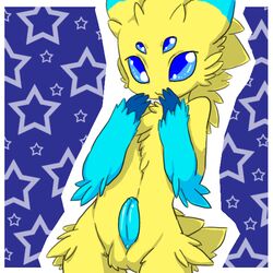 anthro arachnid balls blue_eyes blue_penis chest_tuft cute erection femboy fluffy joltik male male_only multi_eye penis pokemon pokemon_bw small spider teal_fur unknown_artist yellow_fur