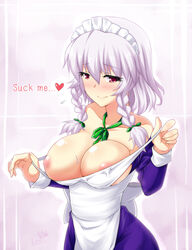 1girls apron areolae bangs blush bow braid breasts butter-t cleavage collarbone english female heart hips large_breasts looking_at_viewer maid maid_headdress nipples off_shoulder puffy_nipples purple_eyes purple_hair red_eyes ribbon sakuya_izayoi sash seductive_smile shiny shiny_skin short_hair silver_hair smile solo spoken_heart sweat text touhou twin_braids undressing