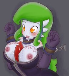 1girls amber_eyes basketgardevoir big_breasts bondage breasts collar cum cum_in_mouth cum_on_breasts female female_gardevoir female_only female_pokemon gardevoir green_hair hair manacles nintendo nipples pokémon_(species) pokemon pokemon_(species) pokemon_rse solo unzipped white_skin zipper