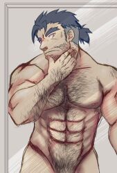 1boy abs arms bara beard_stubble black_hair body_hair eyebrows facial_hair gammei_(live_a_hero) hairy hairy_male human live-a-hero male male_nipples male_only male_pubic_hair manly mature_male muscles muscular_male no_visible_genitalia nude_male pecs solo upper_body